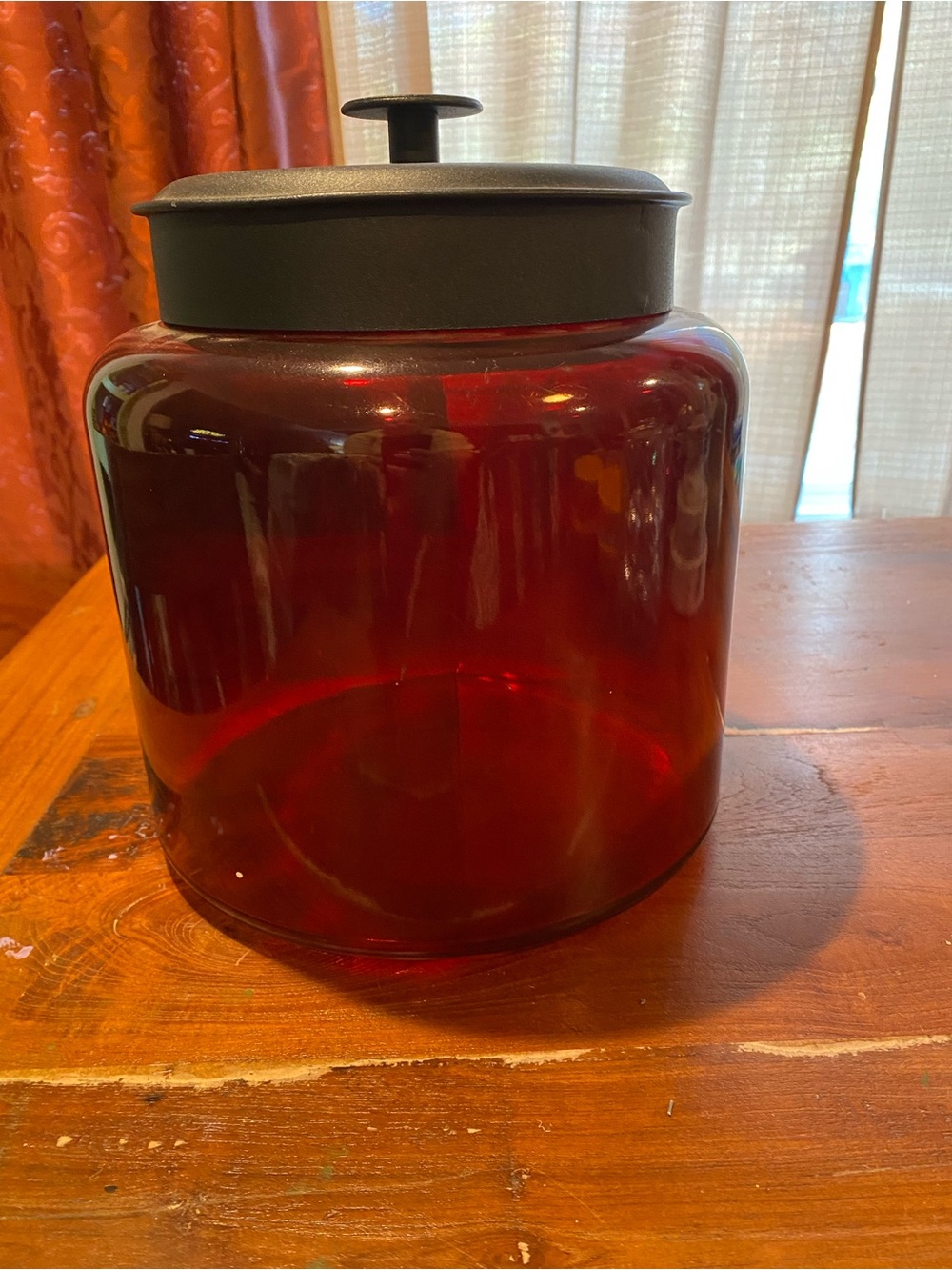 Large Amber Glass Apothecary Jar with Black Lid